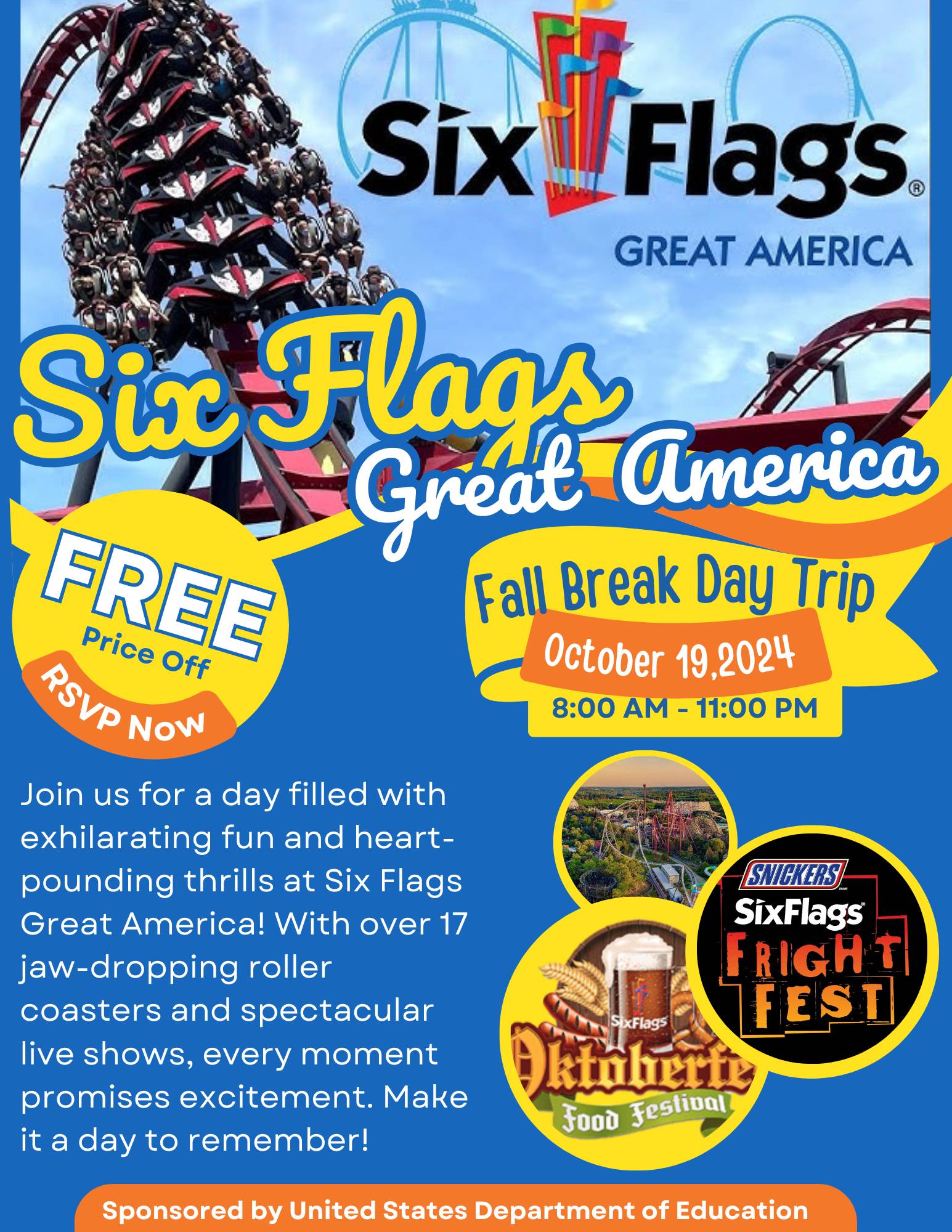 Flyer for Six Flags Fall Break Trip